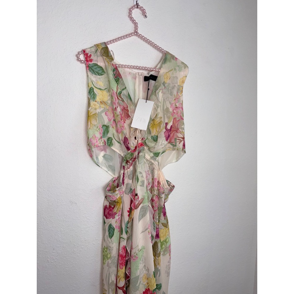 Zara Floral Cut-Out Midi Dress XL Cream Pink New Ruffle V-Neck Fairycore party - Picture 15 of 16